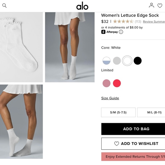 ALO Yoga Accessories - ALO Yoga White Lettuce Edge Socks brand new size M/L athletic comfy cushioned